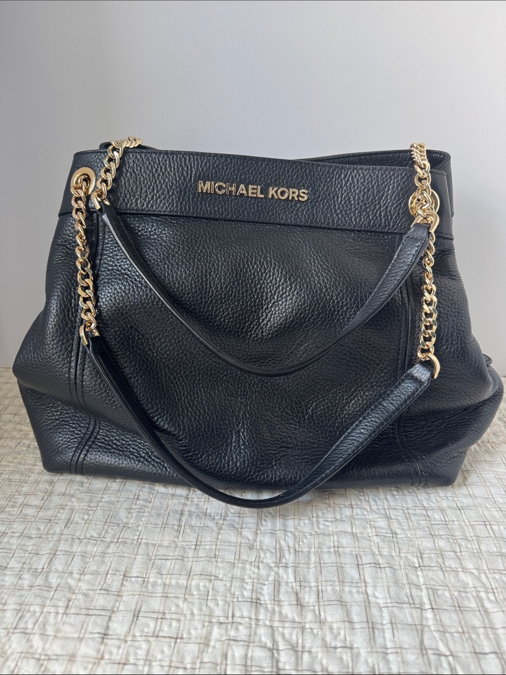 Michael Kors Black Leather Shoulder Tote with Gold Chain Straps